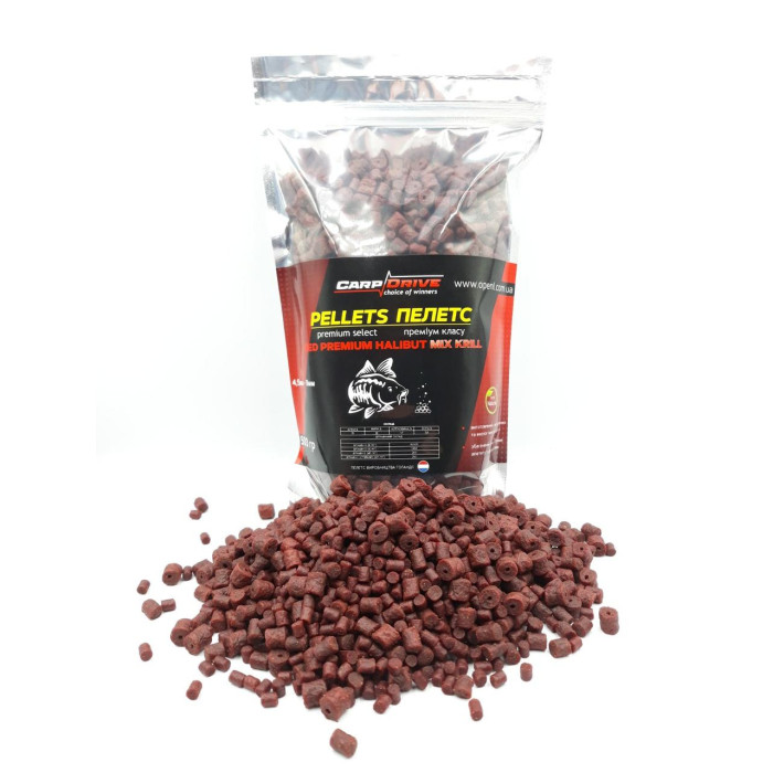 Пелети короповий, пелети Carp Drive Red (Krill) Premium Halibut (преміум класу) Mix 4.5-8 мм 500г