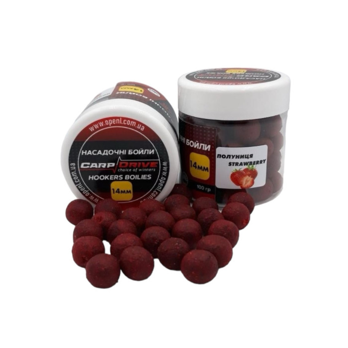 Насадкові бойли 14мм, бойли на коропа, бойли Полуниця (Strawberry) 14мм 100г. Carp Drive
