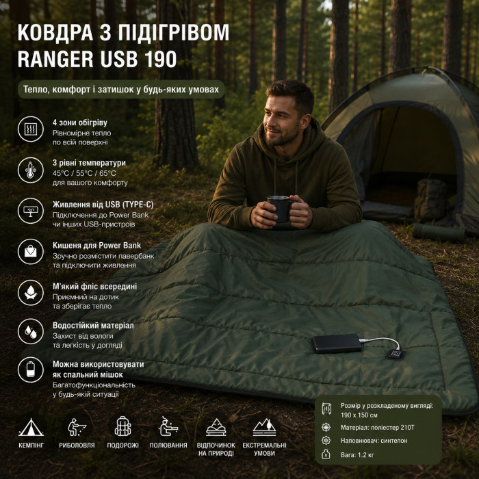 Ковдра з підігрівом Ranger USB 190 (Арт. RA 6664)