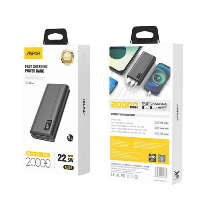 Power Bank Aspor A336 Fast Charge 20000mAh (2USB/Type-C/Micro/22.5W)- чорний (900183)
