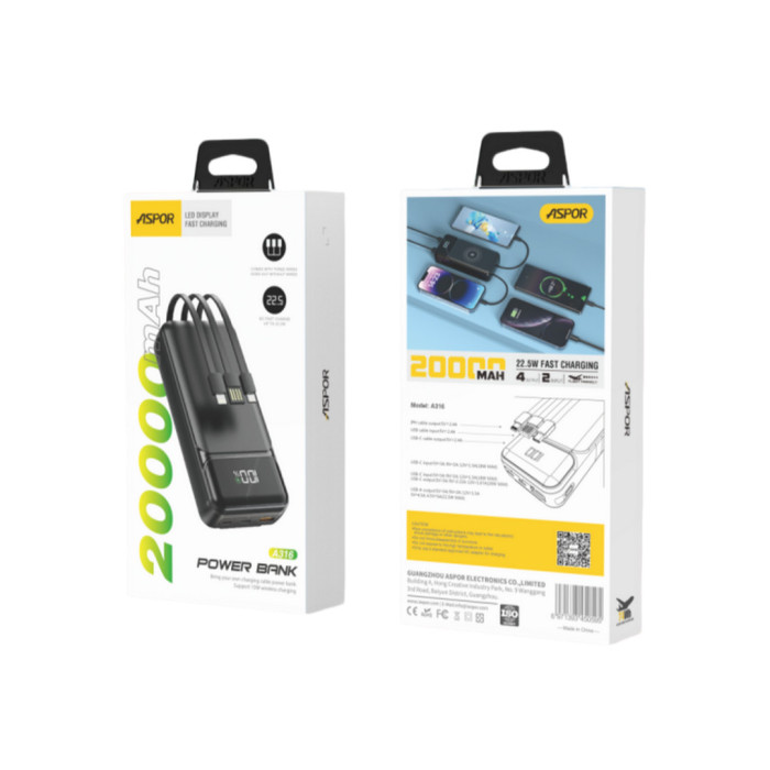 Power Bank Aspor A316 Fast Charge 20000mAh (USB-C/USB/Type-C/Lightning/22.5W)- чорний (900146)